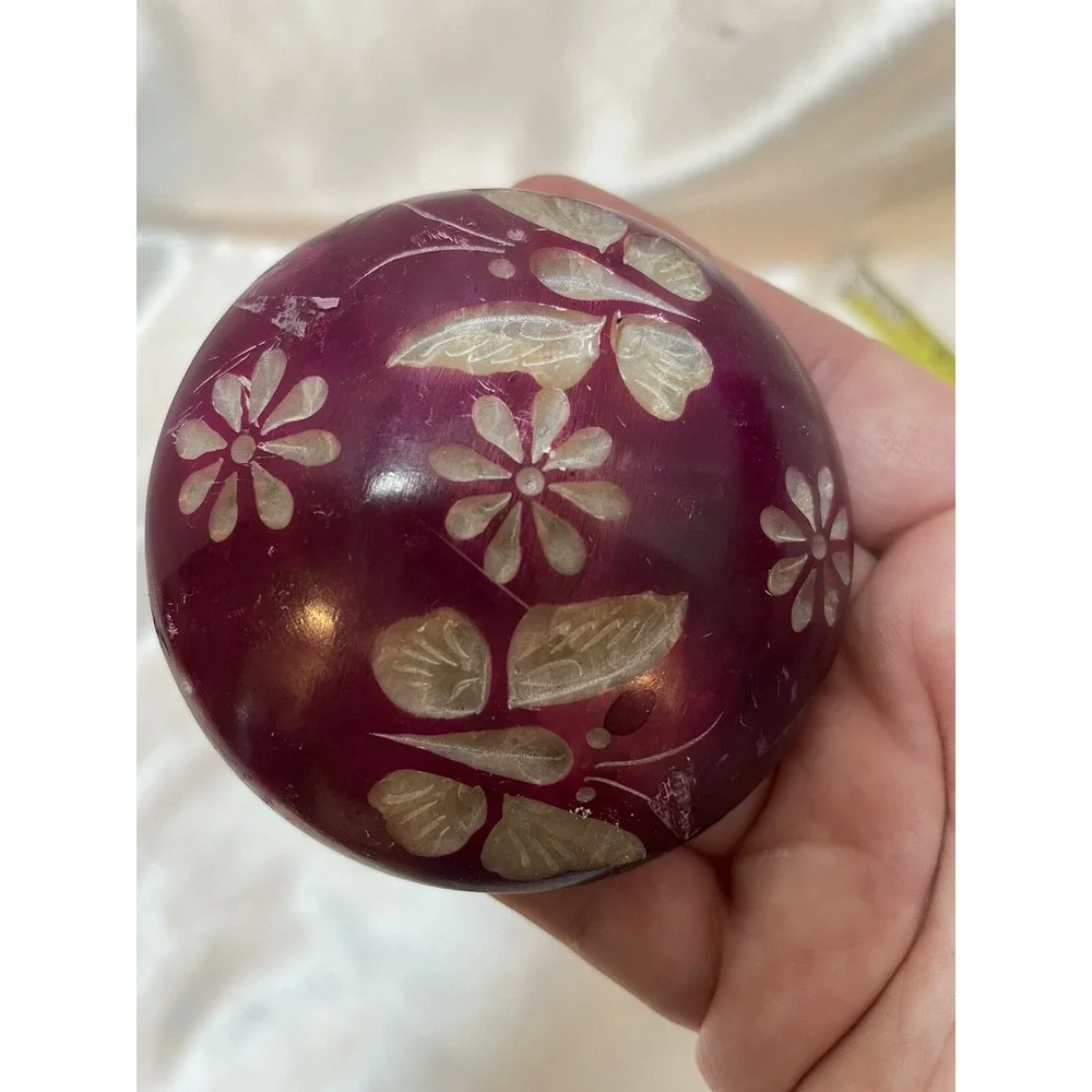 Hand Carved Purple Plum Trinket Box w/Flowers & Butterflies Soap Stone W/ Lid